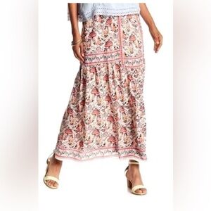 Sophie Max Studio 7B01B18 Ivory/Orange Floral Crepe Chiffon Maxi Skirt Sz XSmall